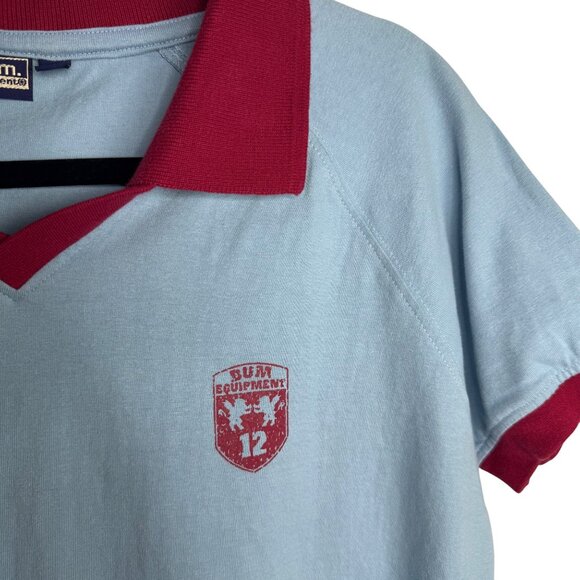 Vintage Preppy Aesthetic B.U.M. Equipment Blue Polo Shirt With Red Collar & Trim - Picture 3 of 7